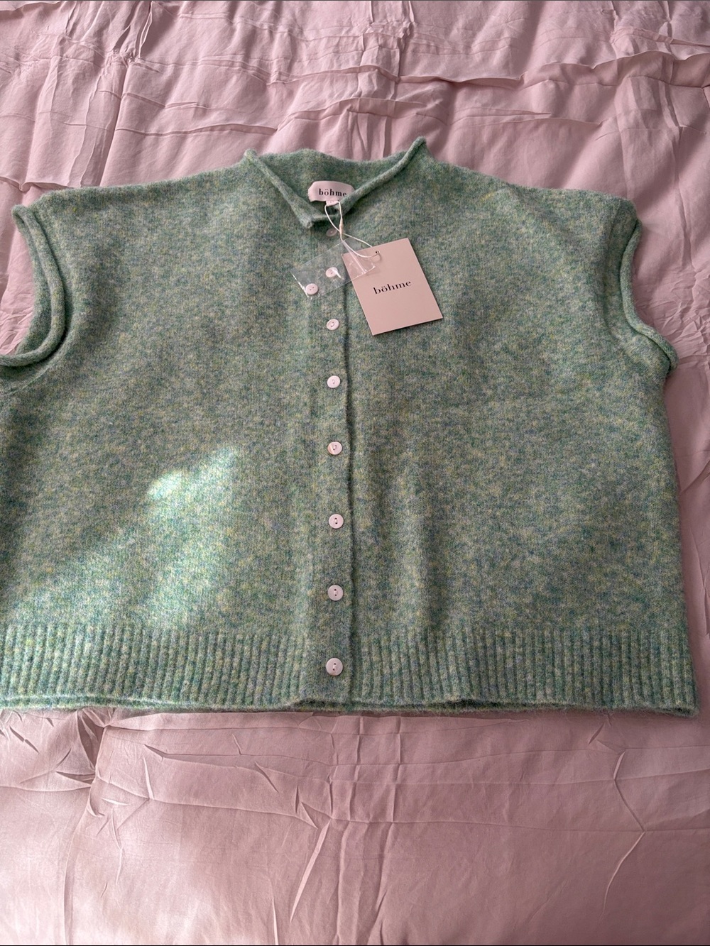 NWT Bohme Green Speckled Sleeveless Button Cardigan Sweater